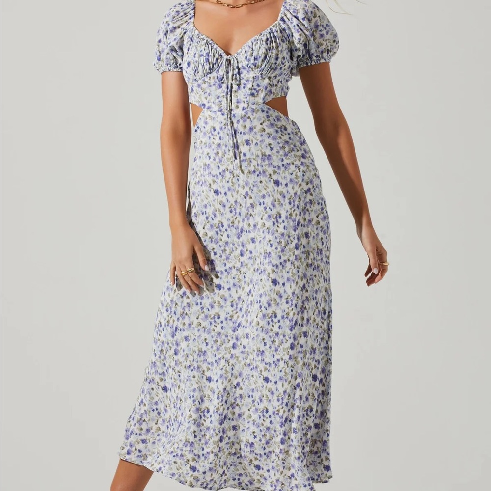 Light blue and purple floral midi dress with cutouts